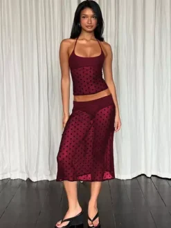 Ensemble deux pièces noir à pois sexy à bretelles et jupe sans manches transparente