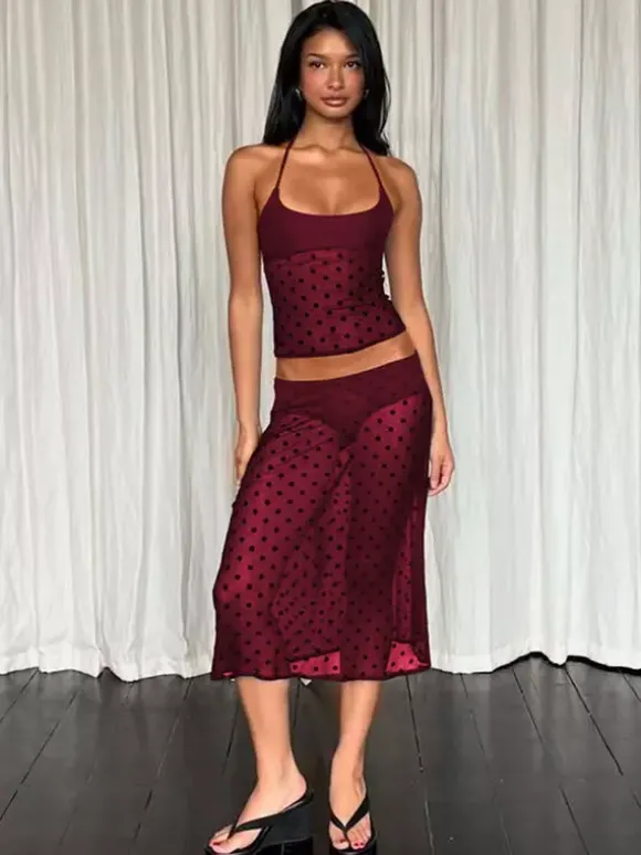 Ensemble deux pièces noir à pois sexy à bretelles et jupe sans manches transparente