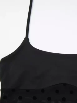 Ensemble deux pièces noir à pois sexy à bretelles et jupe sans manches transparente