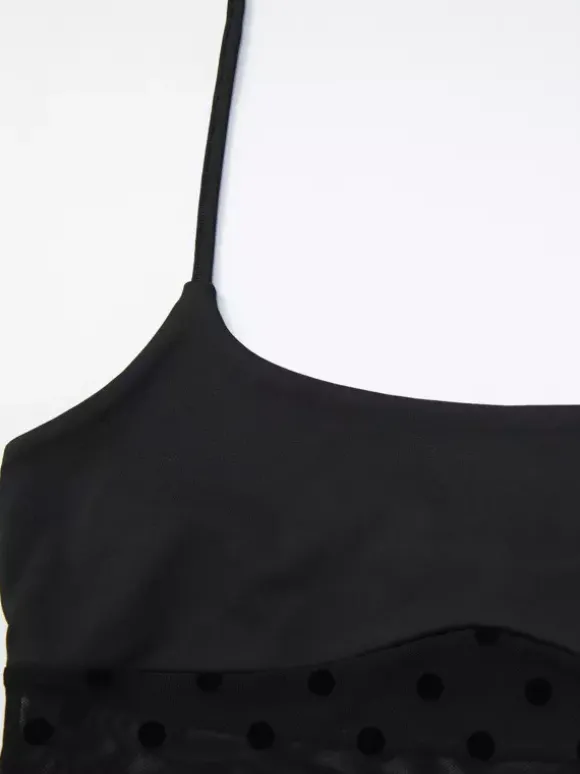 Ensemble deux pièces noir à pois sexy à bretelles et jupe sans manches transparente