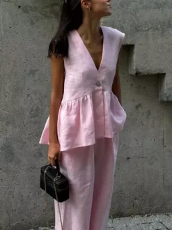 Ensemble deux pièces noir décontracté en coton haut sans manches à col en V et pantalon.