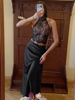 Ensemble deux pièces noir décontracté chic en dentelle jupe sans manches