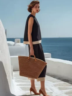 Ensemble deux pièces noir décontracté style streetwear haut sans manches à col rond et pantalon