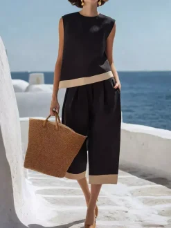 Ensemble deux pièces noir décontracté style streetwear haut sans manches à col rond et pantalon