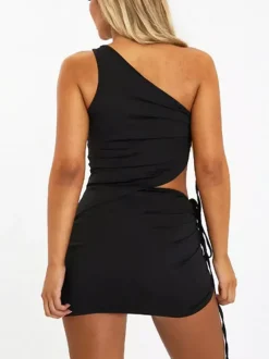 Ensemble deux pièces noir streetwear sexy jupe sans manches à cordon de serrage