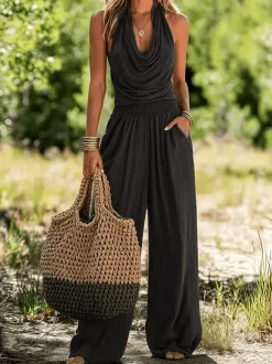 Ensemble deux pièces olive bohème : débardeur sans manches à col bénitier et pantalon large