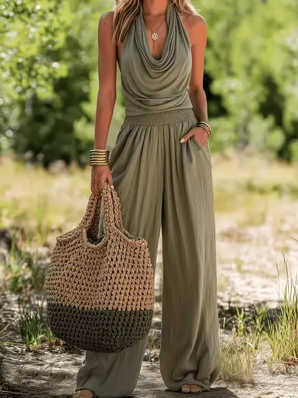 Ensemble deux pièces olive bohème : débardeur sans manches à col bénitier et pantalon large