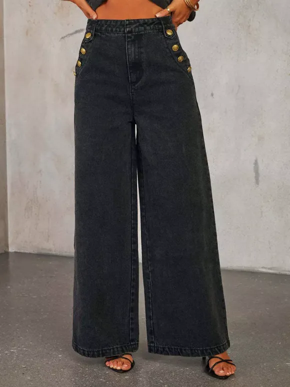 Ensemble deux pièces pantalon bleu élégant à boutons pour soirée en denim col rond sans manches