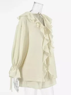 Ensemble deux pièces pour femme : chemise à volants et short - Crème style bohème manches évasées n艙ud sur le devant - Tenue de vacances d'été à la plage 2026