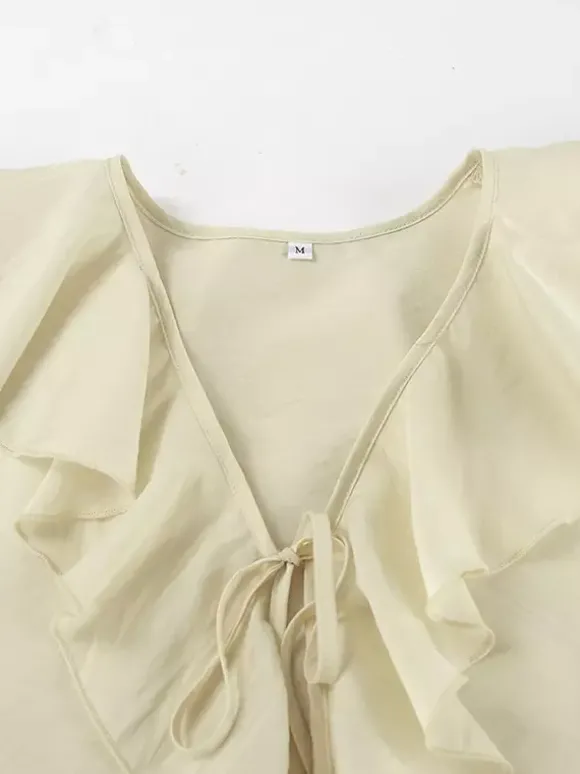 Ensemble deux pièces pour femme : chemise à volants et short - Crème style bohème manches évasées n艙ud sur le devant - Tenue de vacances d'été à la plage 2026