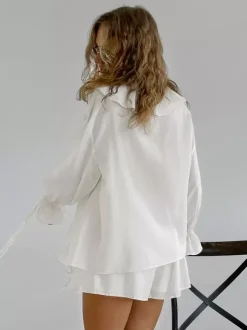 Ensemble deux pièces pour femme : chemise à volants et short - Crème style bohème manches évasées n艙ud sur le devant - Tenue de vacances d'été à la plage 2026