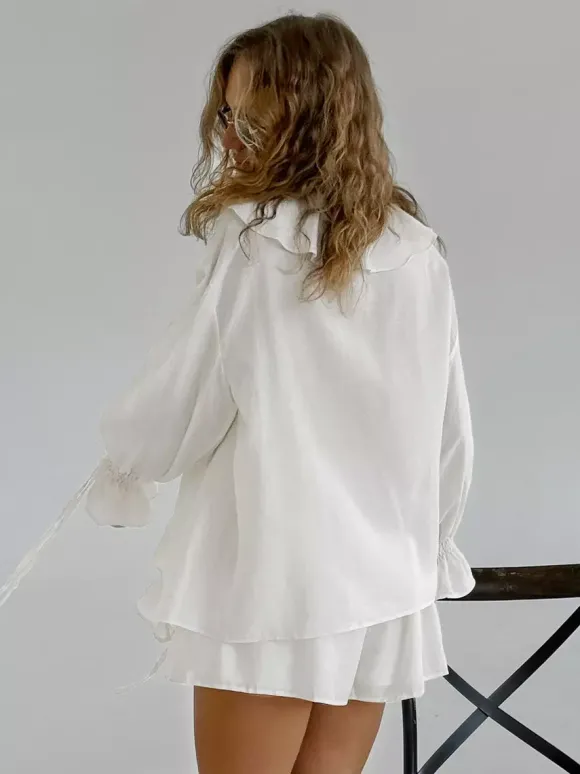 Ensemble deux pièces pour femme : chemise à volants et short - Crème style bohème manches évasées n艙ud sur le devant - Tenue de vacances d'été à la plage 2026