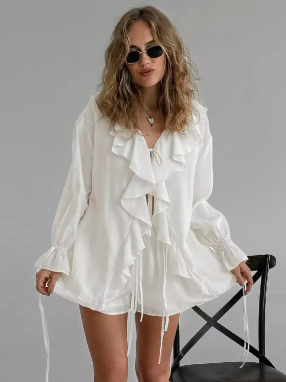 Ensemble deux pièces pour femme : chemise à volants et short - Crème style bohème manches évasées n艙ud sur le devant - Tenue de vacances d'été à la plage 2026