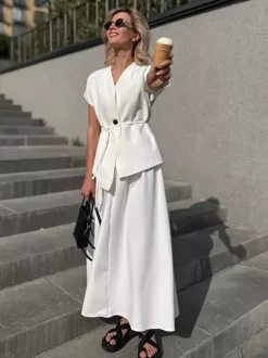 Ensemble deux pièces pour femme : haut cache-c艙ur à col en V et jupe longue taille haute (collection 2026)