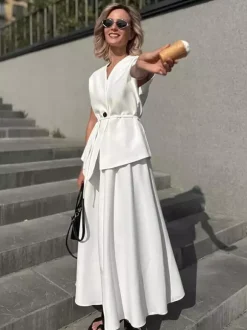 Ensemble deux pièces pour femme : haut cache-c艙ur à col en V et jupe longue taille haute (collection 2026)