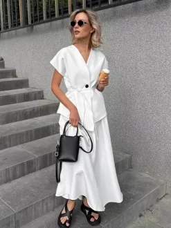 Ensemble deux pièces pour femme : haut cache-c艙ur à col en V et jupe longue taille haute (collection 2026)