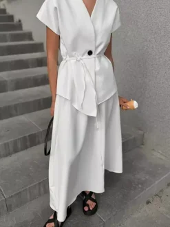 Ensemble deux pièces pour femme : haut cache-c艙ur à col en V et jupe longue taille haute (collection 2026)