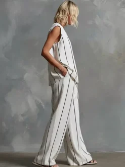 Ensemble deux pièces rayé blanc streetwear en lycra spandex haut sans manches à col en V et pantalon décontracté