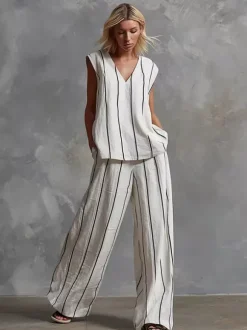 Ensemble deux pièces rayé blanc streetwear en lycra spandex haut sans manches à col en V et pantalon décontracté
