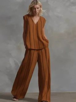 Ensemble deux pièces rayé blanc streetwear en lycra spandex haut sans manches à col en V et pantalon décontracté