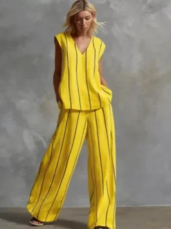 Ensemble deux pièces rayé blanc streetwear en lycra spandex haut sans manches à col en V et pantalon décontracté