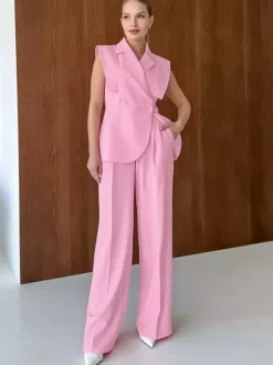 Ensemble deux pièces rose chic décontracté au quotidien avec col rabattu et pantalon sans manches