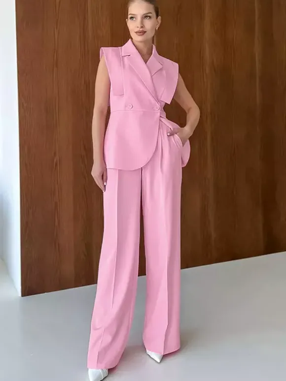 Ensemble deux pièces rose chic décontracté au quotidien avec col rabattu et pantalon sans manches