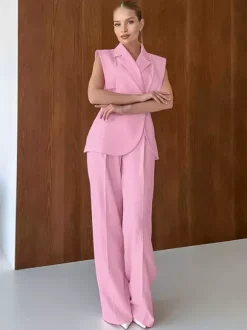 Ensemble deux pièces rose chic décontracté au quotidien avec col rabattu et pantalon sans manches