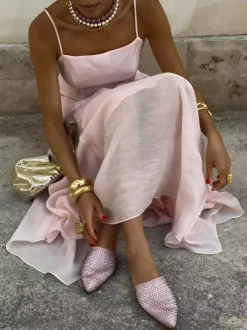 Ensemble deux pièces rose chic quotidien en velours à bretelles sans manches dos nu haut et jupe d'été.