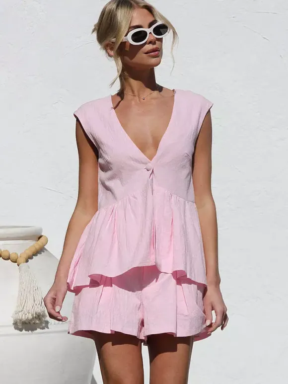 Ensemble deux pièces rose à col V et manches courtes haut et pantalon ensemble d'été