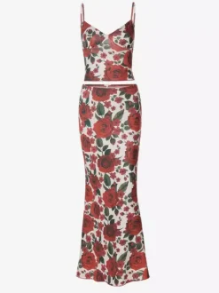 Ensemble deux pièces rouge sexy à imprimé floral tenue de villégiature en polyester à bretelles et col fleuri jupe sans manches.