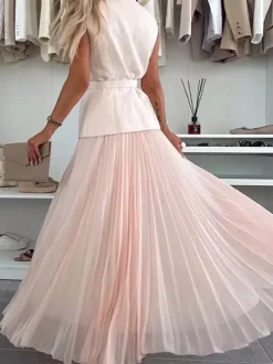 Ensemble deux pièces sans manches pour femme - Gilet ceinturé Old Money et robe maxi plissée - Collection printemps 2026
