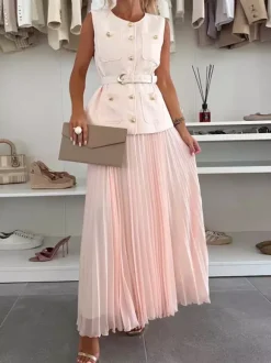Ensemble deux pièces sans manches pour femme - Gilet ceinturé Old Money et robe maxi plissée - Collection printemps 2026