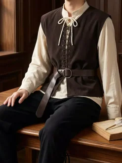 Ensemble gilet et chemise médiévaux marron et noir tenue de paysan/voleur Renaissance pour homme gilet à lacets et chemise de pirate pour fête médiévale