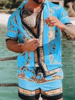 Ensemble hawaïen assorti pour hommes tenue d'été tropicale de plage 2 pièces chemises boutonnées et shorts