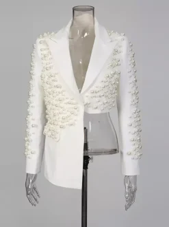 Ensemble jupe et blazer orné de perles pour femme - Ensemble deux pièces sexy asymétrique à découpes - Idéal pour une soirée printanière 2026