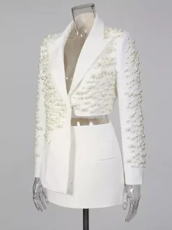 Ensemble jupe et blazer orné de perles pour femme - Ensemble deux pièces sexy asymétrique à découpes - Idéal pour une soirée printanière 2026