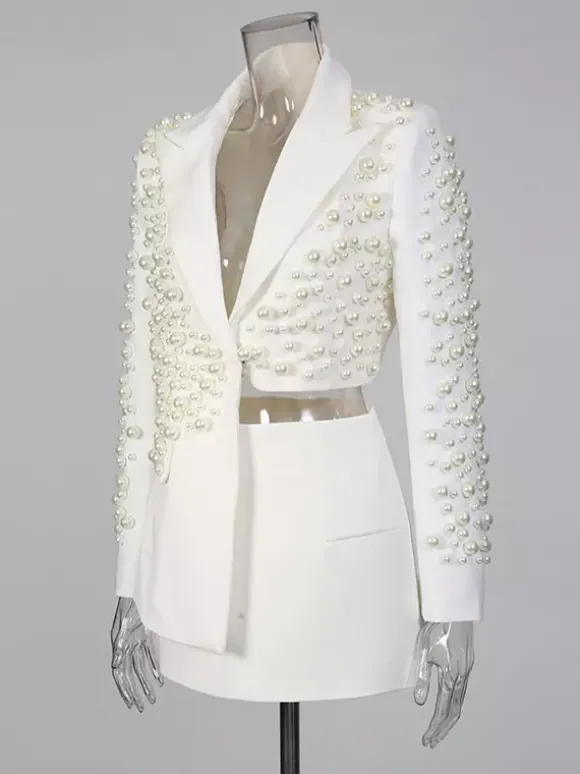 Ensemble jupe et blazer orné de perles pour femme - Ensemble deux pièces sexy asymétrique à découpes - Idéal pour une soirée printanière 2026