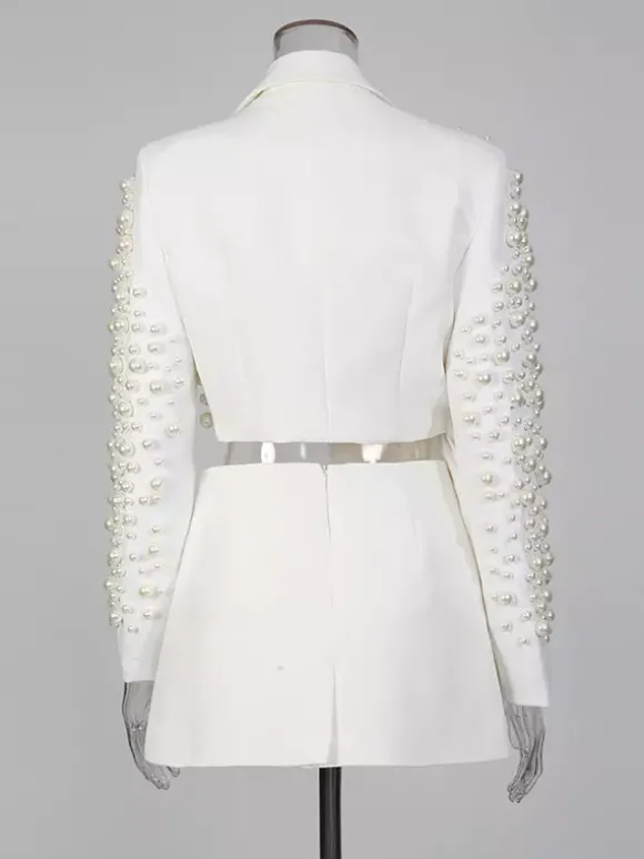 Ensemble jupe et blazer orné de perles pour femme - Ensemble deux pièces sexy asymétrique à découpes - Idéal pour une soirée printanière 2026