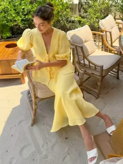 Ensemble jupe longue péplum pour femme deux pièces élégantes - Jaune n艙ud français sur le devant manches bouffantes - Vacances d'été à la plage 2026