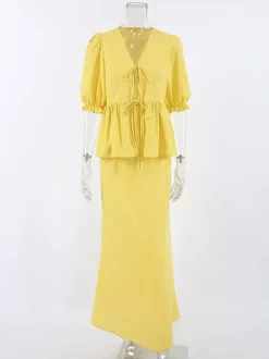 Ensemble jupe longue péplum pour femme deux pièces élégantes - Jaune n艙ud français sur le devant manches bouffantes - Vacances d'été à la plage 2026