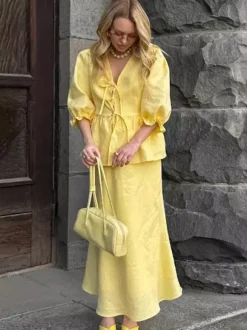 Ensemble jupe longue péplum pour femme deux pièces élégantes - Jaune n艙ud français sur le devant manches bouffantes - Vacances d'été à la plage 2026