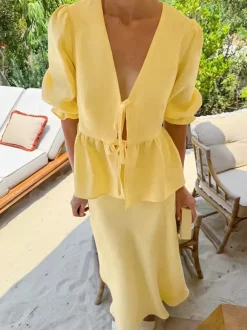 Ensemble jupe longue péplum pour femme deux pièces élégantes - Jaune n艙ud français sur le devant manches bouffantes - Vacances d'été à la plage 2026