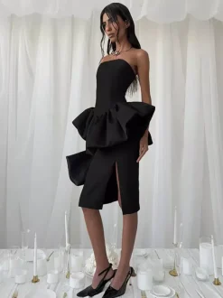 Ensemble élégant 2 pièces pour femme - Top tube péplum vintage et jupe midi fendue sur le côté - Tenue chic pour les fêtes d'été 2026