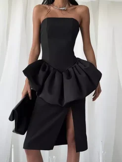 Ensemble élégant 2 pièces pour femme - Top tube péplum vintage et jupe midi fendue sur le côté - Tenue chic pour les fêtes d'été 2026