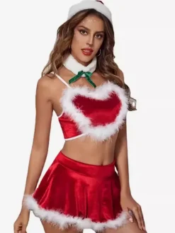 Ensemble Lingerie Femme Sexy Costumes De Noël Fourrure Jupe Rouge