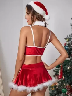 Ensemble Lingerie Femme Sexy Costumes De Noël Fourrure Jupe Rouge