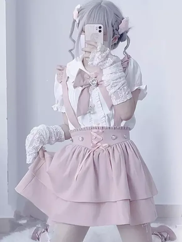 Ensemble Lolita à manches courtes chemisier à volants et jupe pull superposée à lacets