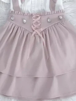 Ensemble Lolita à manches courtes chemisier à volants et jupe pull superposée à lacets