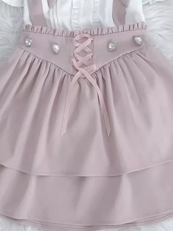 Ensemble Lolita à manches courtes chemisier à volants et jupe pull superposée à lacets